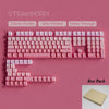 A pink strawberry themed box pack of PBT double-shot cherry profile keycaps for mechanical keyboards.