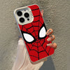 A close-up photo of a red Spider-Man mask phone case featuring a black and white spider design, held by a person.