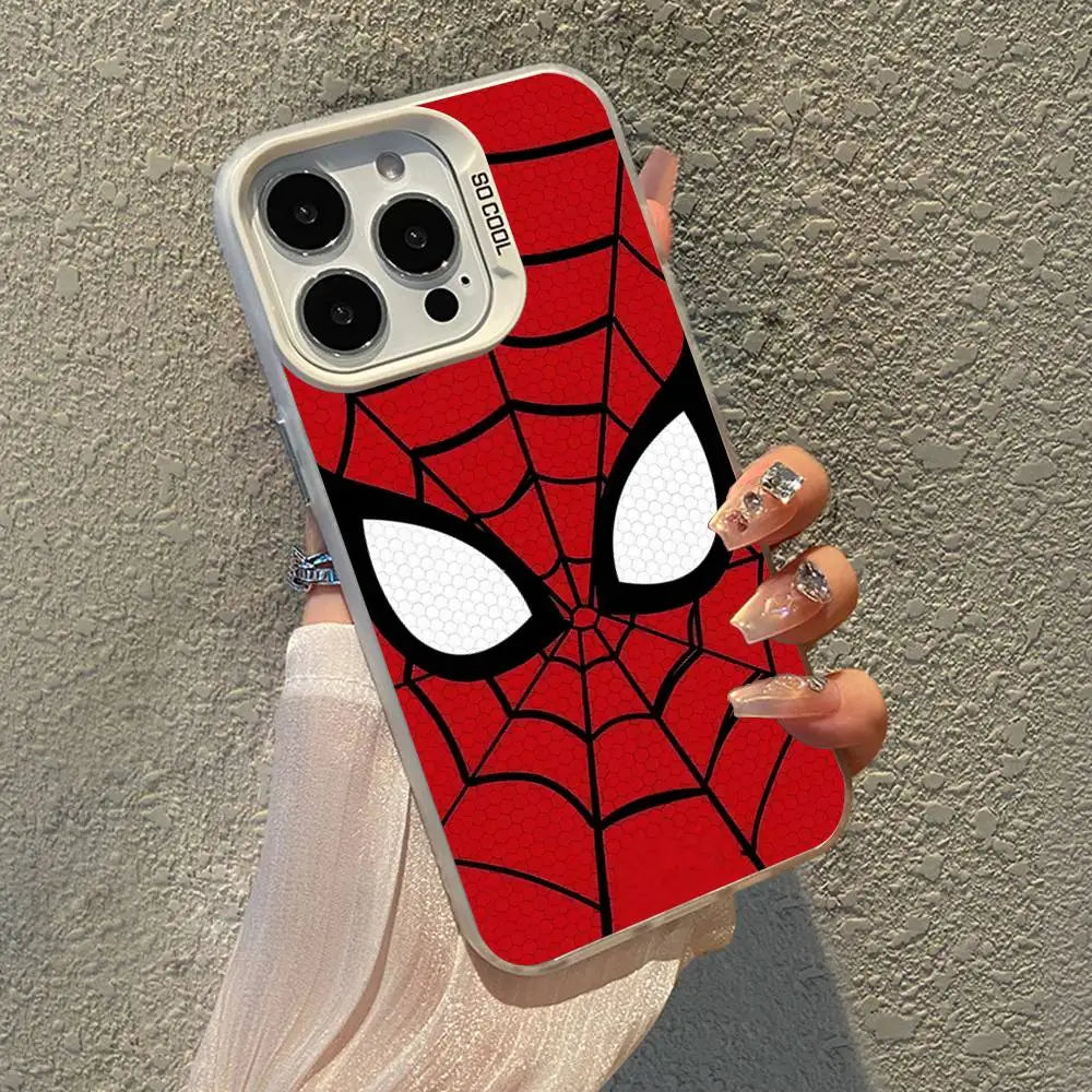 A close-up photo of a red Spider-Man mask phone case featuring a black and white spider design, held by a person.