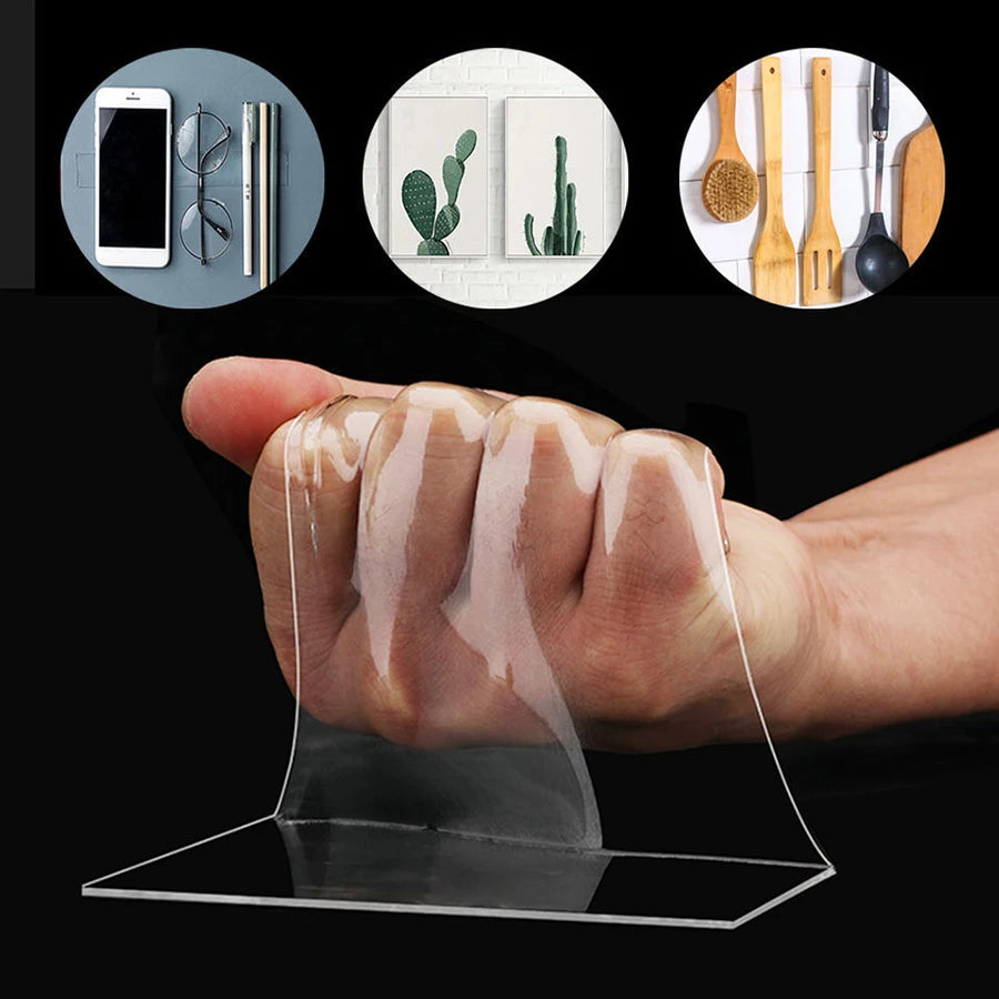 A hand holds a finger covered in clear adhesive tape, demonstrating the grip and application of heavy duty nano double-sided 