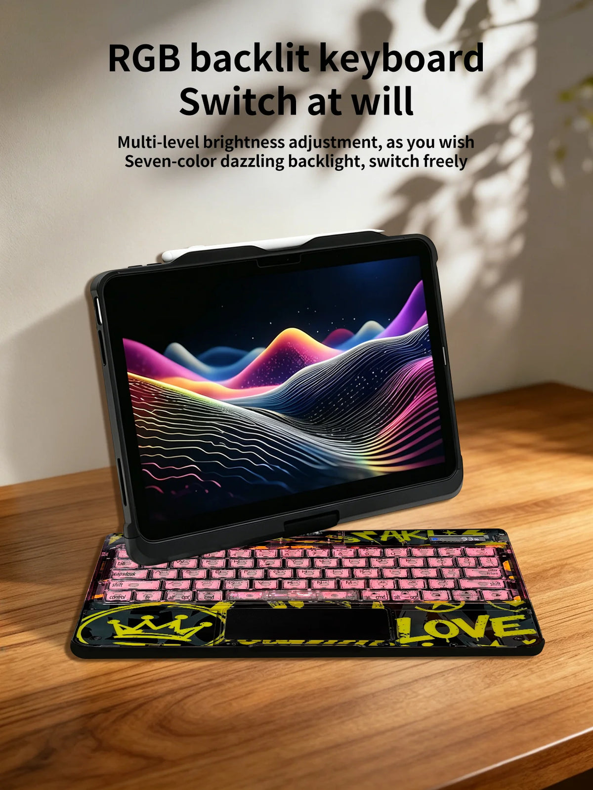 An RGB backlit keyboard switch at will feature multi-level brightness adjustment on an iPad case.
