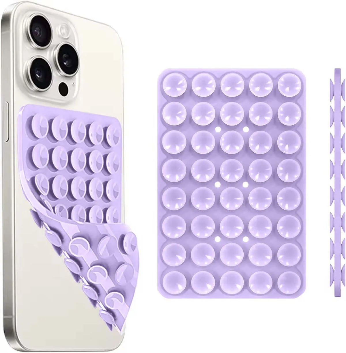 A white smartphone case and a purple silicone suction cup phone mount with multiple suction cups.