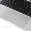 A close-up view of a silver laptop trackpad with a protective film applied, showing waterproof and dustproof features.