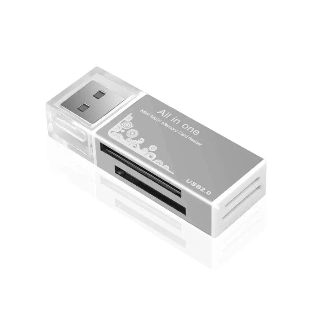 A silver and clear 2-in-1 USB 3.0 card reader with a flash drive function.