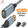 A silver USB 3.0 extension cable with a nylon braided connector and multiple cables shown.