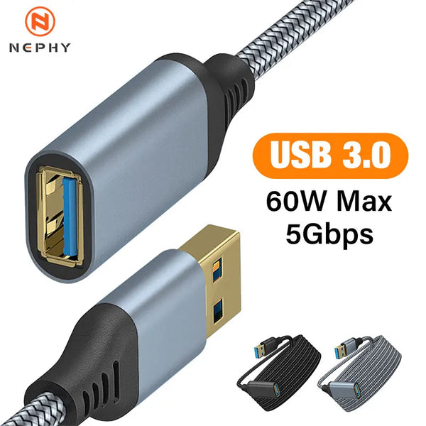 Cable de extensión USB 3.0 plateado con conector trenzado de nylon y múltiples cables