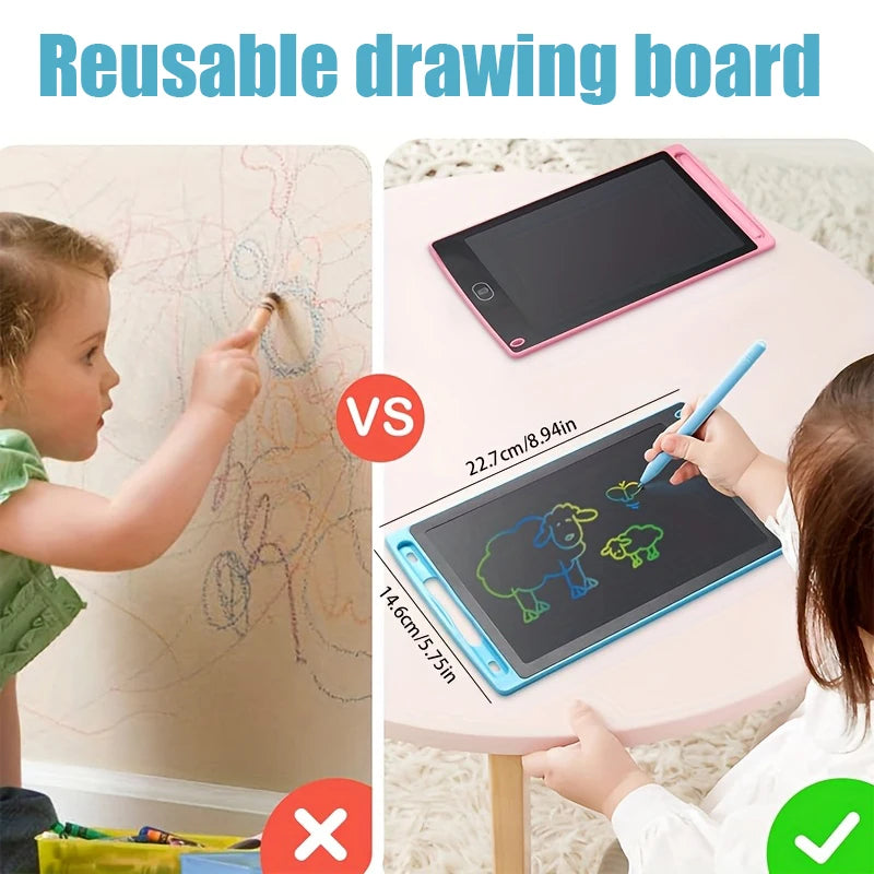 A reusable drawing board is shown next to a tablet, demonstrating an alternative for kids' drawing.