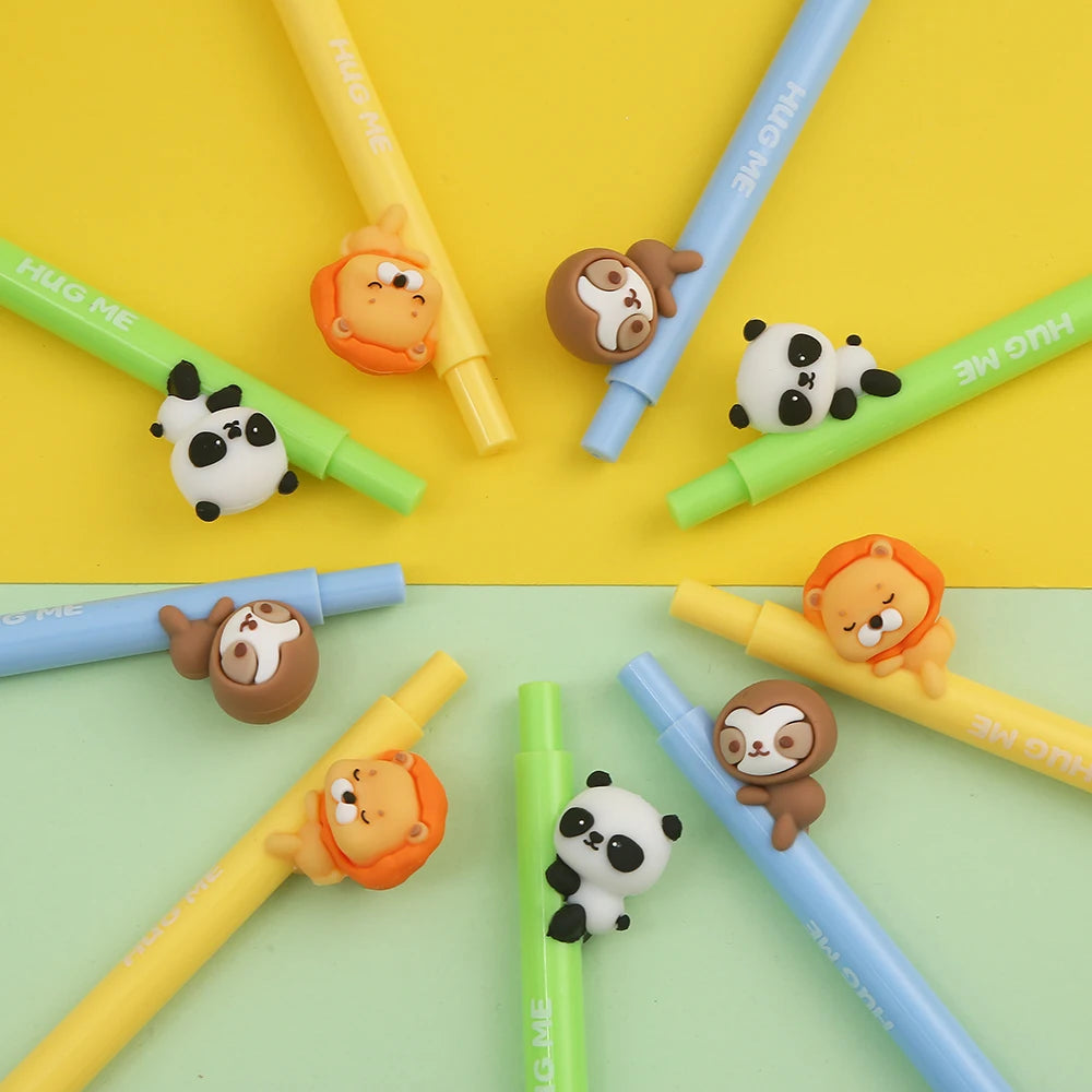 A set of three cute mechanical pencils featuring mini animal designs in orange, brown, and white.