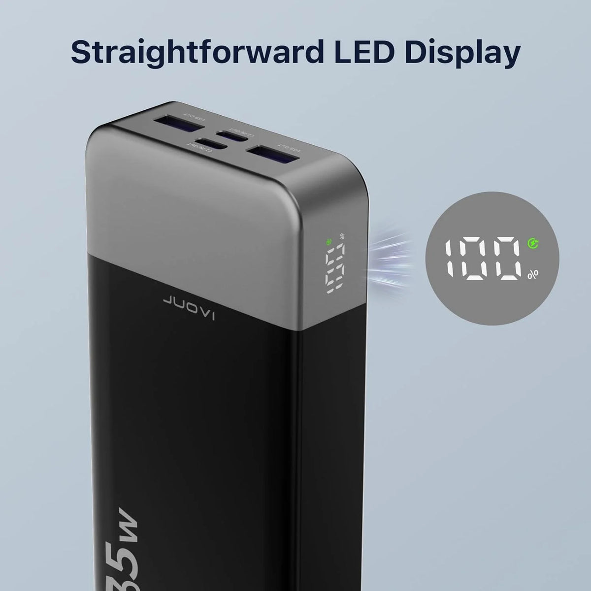 A black power bank with a straightforward LED display showing 100% charge and temperature.
