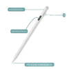 A white universal stylus pen showing features like a double tap switch, digital battery level indicator, and an official pom 