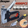 Silver and black heavy duty manual multi-use staple gun with a yellow handle and assorted staples