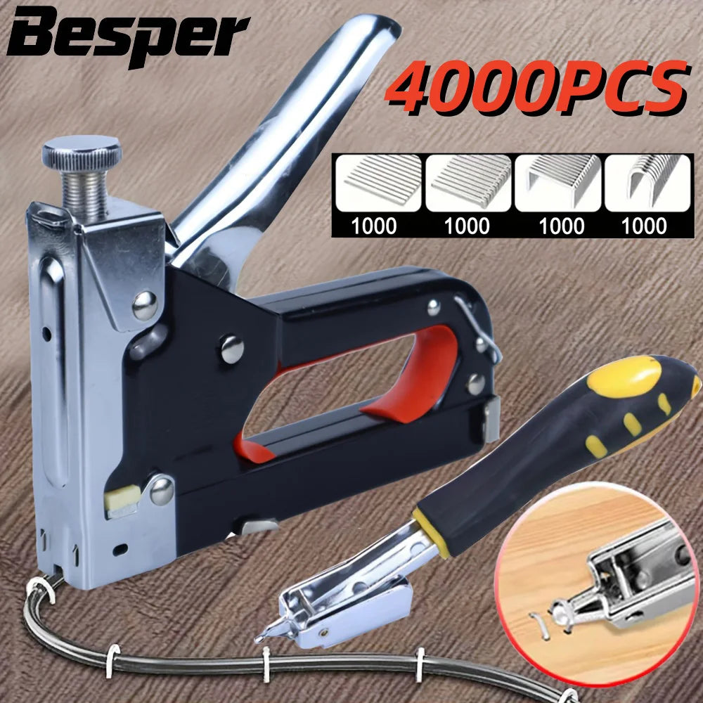 Silver and black heavy duty manual multi-use staple gun with a yellow handle and assorted staples