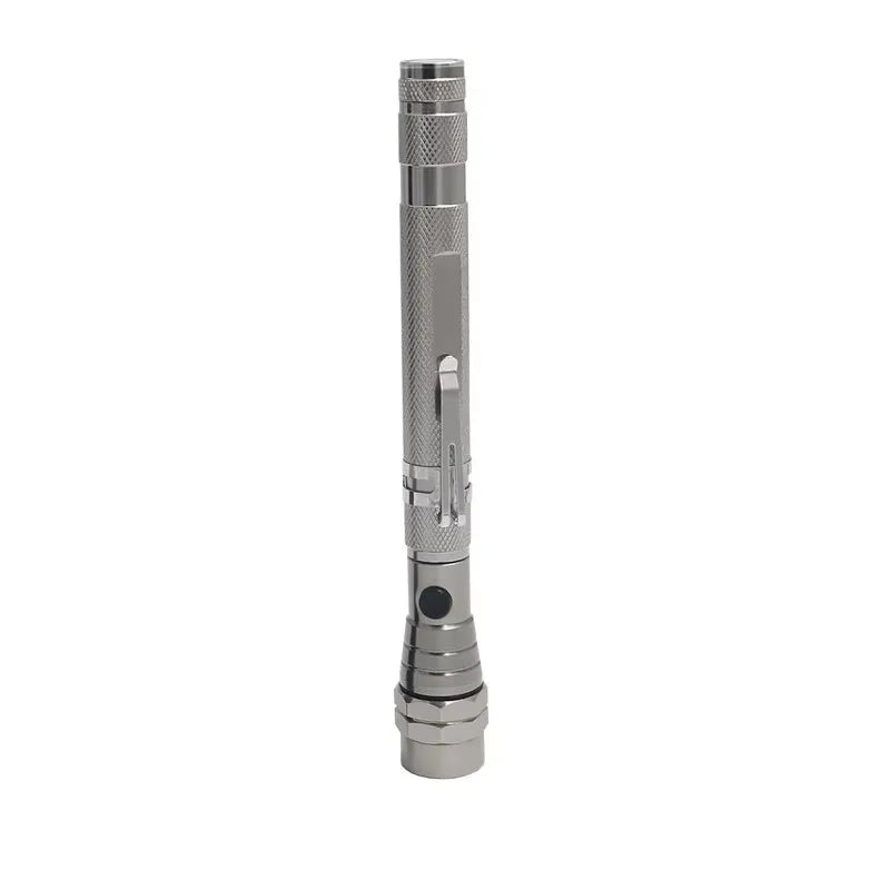 A silver magnetic LED flashlight with a telescoping grip.