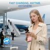 A woman holds a pink portable power bank while standing in an airport setting with an airplane in the background.