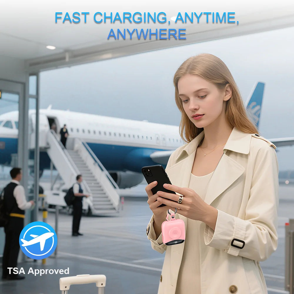 A woman holds a pink portable power bank while standing in an airport setting with an airplane in the background.