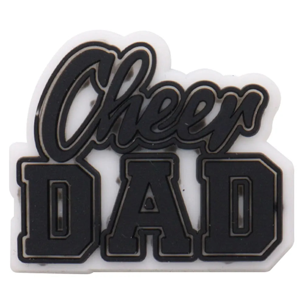 Black and white die-cut charm featuring the text Cheer Dad and Dad.