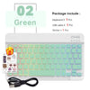 Juego de teclado Bluetooth multilingüe verde, incluye teclado, cable USB y pegatina.