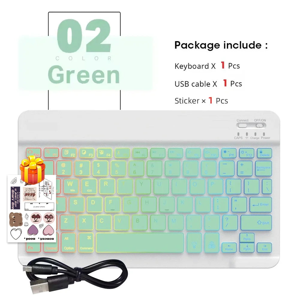 Juego de teclado Bluetooth multilingüe verde, incluye teclado, cable USB y pegatina.