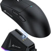 A black high-performance wireless gaming mouse and its detachable, illuminated charging cable are shown.