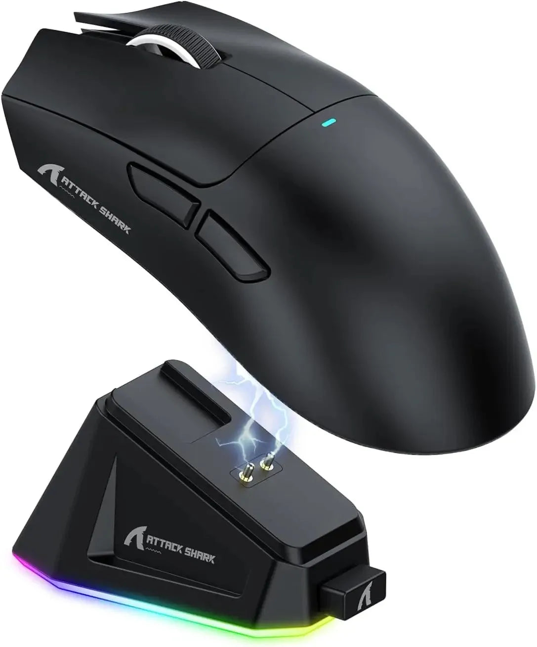 A black high-performance wireless gaming mouse and its detachable, illuminated charging cable are shown.