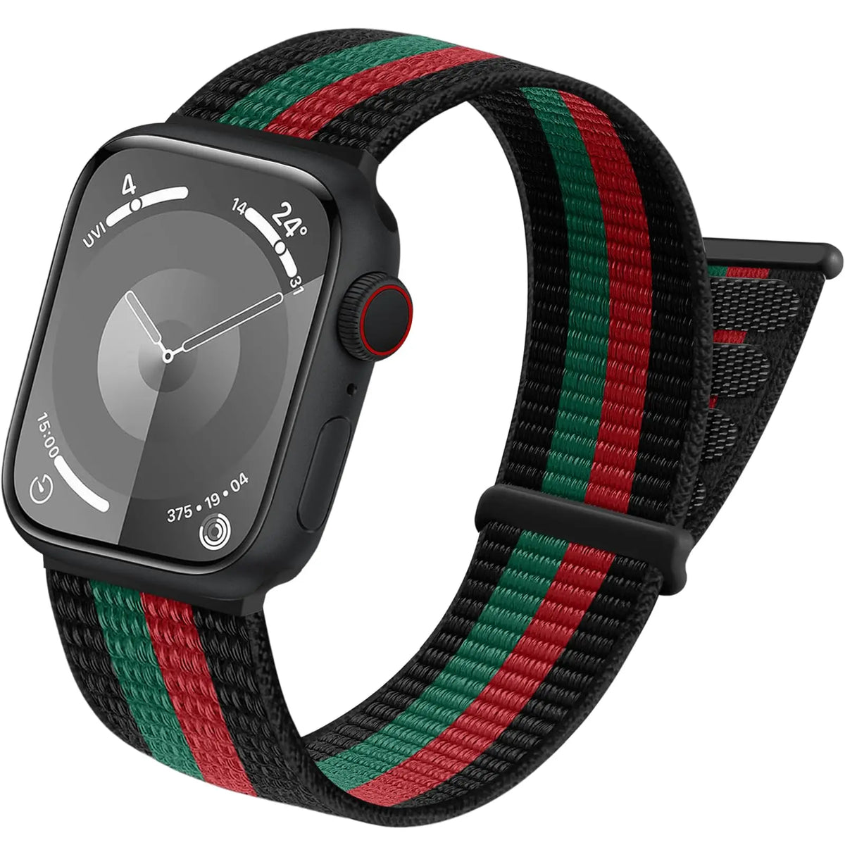 A black smartwatch with a green, red, and black striped hook and loop strap is shown on a wrist.