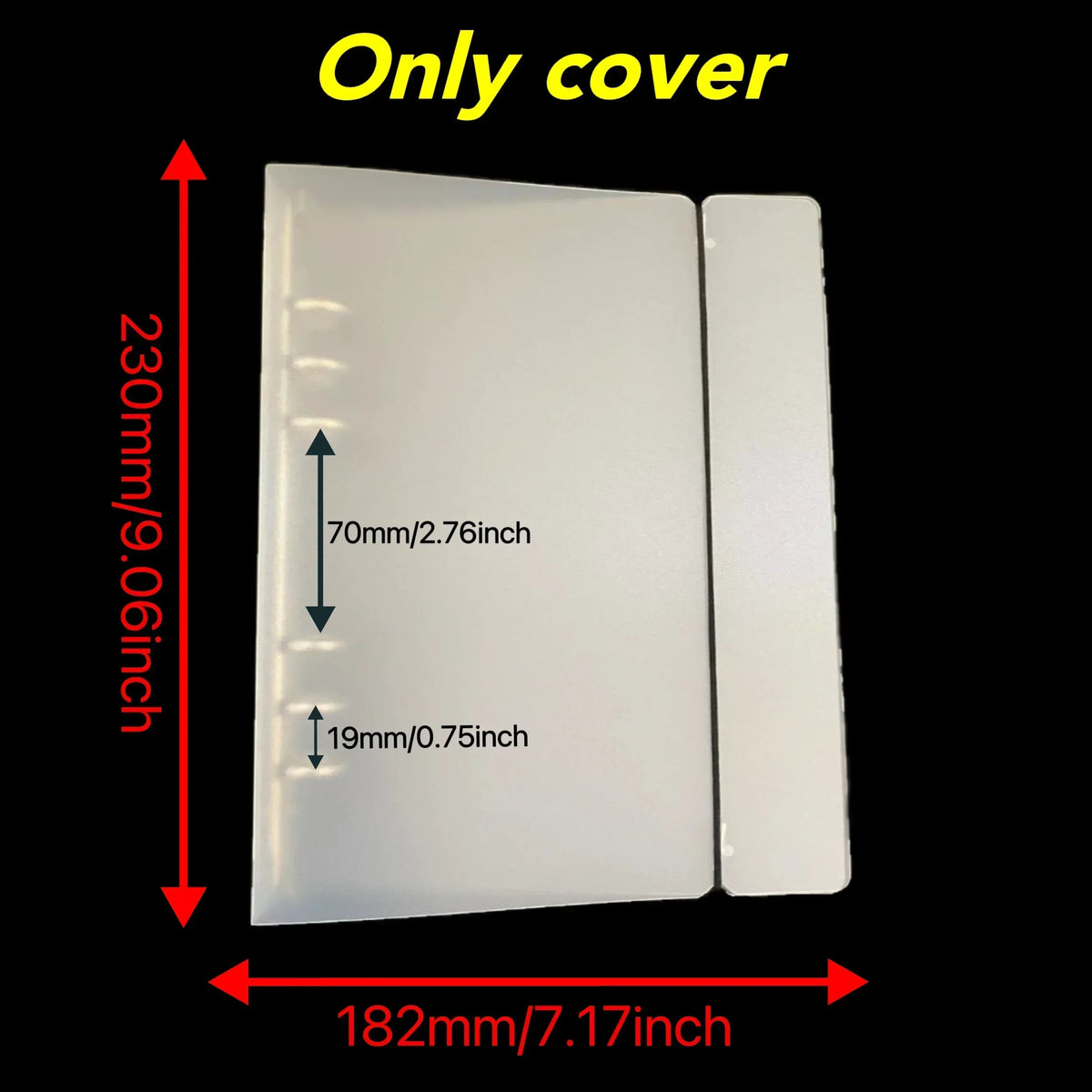 A white A5 refillable photo sleeve shown with dimensions 182mm by 230mm.