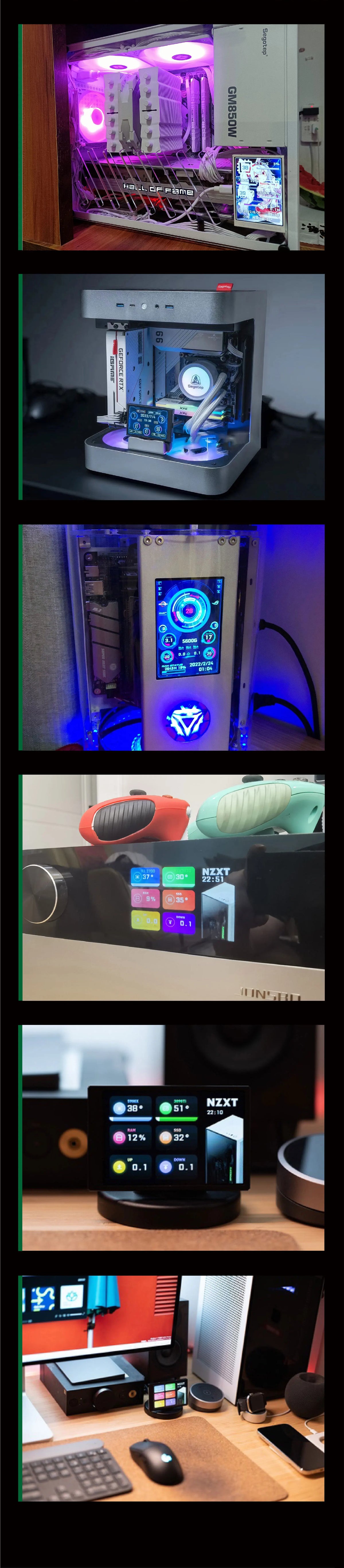 A 3.5-inch USB-C mini secondary monitor displaying PC performance stats, shown in various setups.