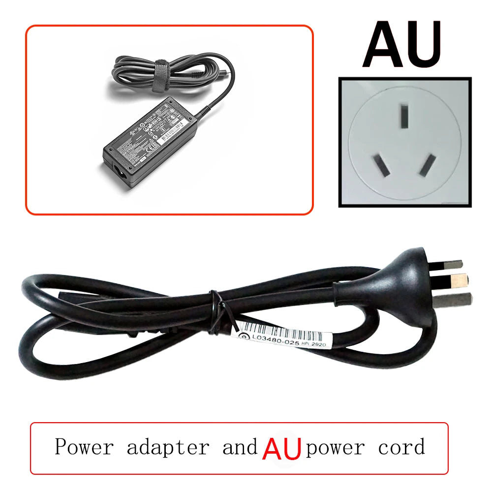 Schwarzes Netzteil und Kabel für Laptop mit USB-C-Anschluss und AU-Stecker.