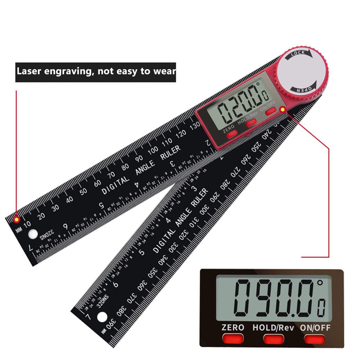 A digital angle finder ruler with laser engraving and a display showing 0.200 degrees.