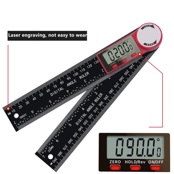 A digital angle finder ruler with laser engraving and a display showing 0.200 degrees.
