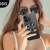 A woman is holding a black magnetic phone ring holder and stand with a universal adapter, demonstrating its features.