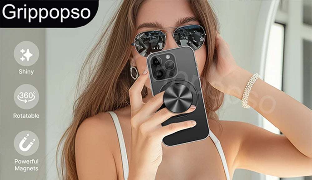 A woman is holding a black magnetic phone ring holder and stand with a universal adapter, demonstrating its features.