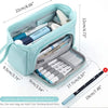 Light blue canvas double-deck pencil case holding various pens and pencils.