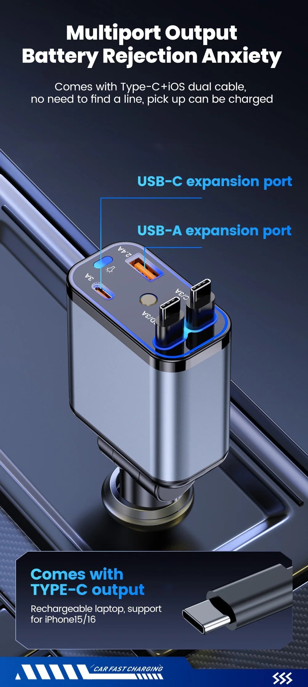 Silberne Multiport-Ausgangs-Batterie mit USB-C- und USB-A-Erweiterungsanschlüssen in Nahaufnahme.