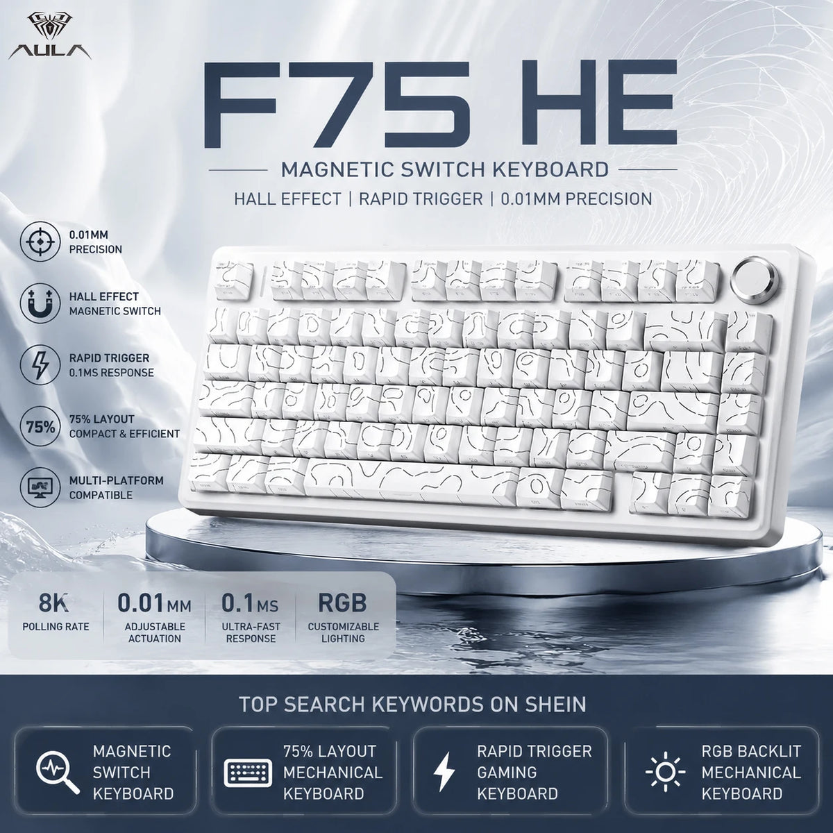 لوحة مفاتيح سويتش مغناطيسي F75 بيضاء مع ميزات تأثير هول وسحب سريع