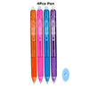 A set of four retractable gel pens in orange, blue, pink, and purple colors.