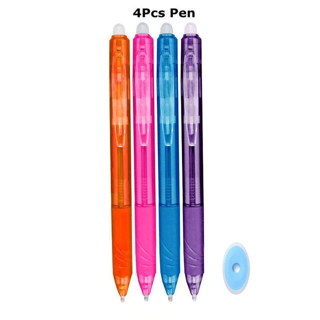 A set of four retractable gel pens in orange, blue, pink, and purple colors.