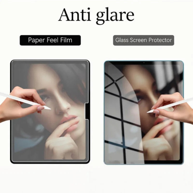 A comparison showing a Paper Feel Film and a Glass Screen Protector for an iPad model.