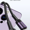 A purple and black PD 20W fast charge cable for an iPhone, showing the connector end.