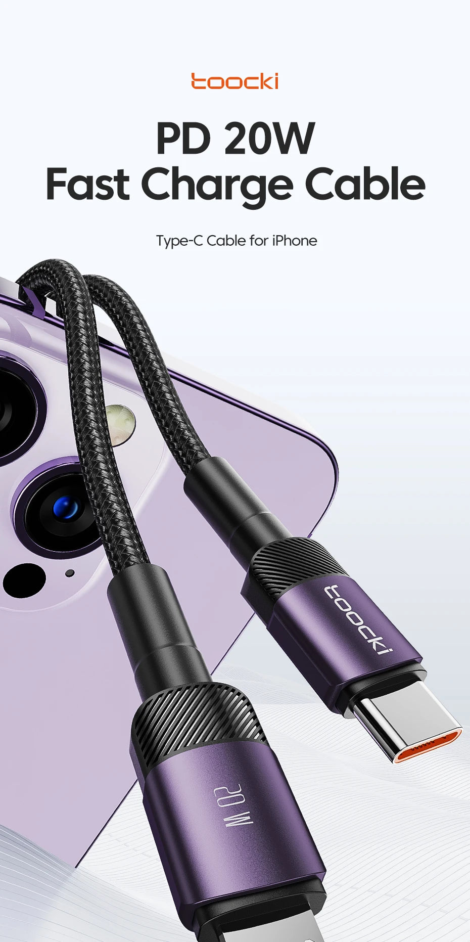 A purple and black PD 20W fast charge cable for an iPhone, showing the connector end.