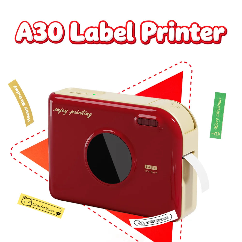A red A30 label printer device with a circular opening and tape roll is shown against a white background.