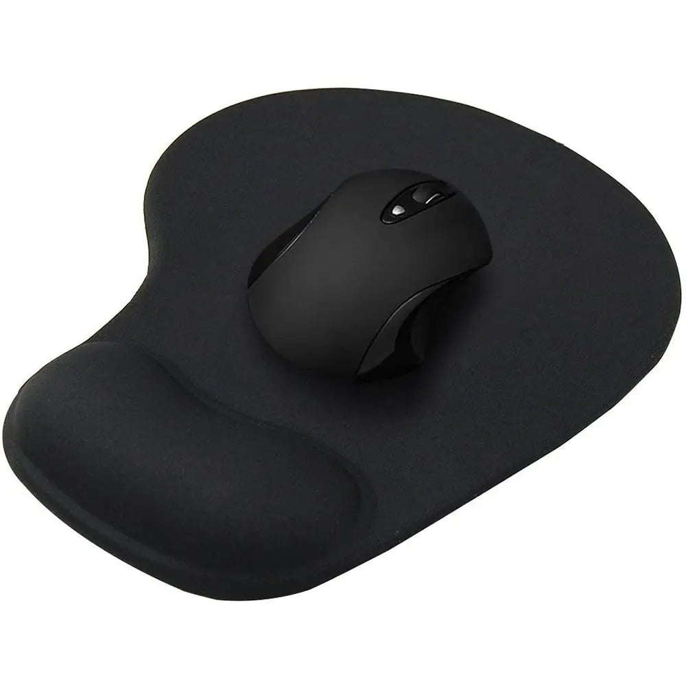 A black ergonomic mouse pad with a sculpted shape and a mouse resting on it.