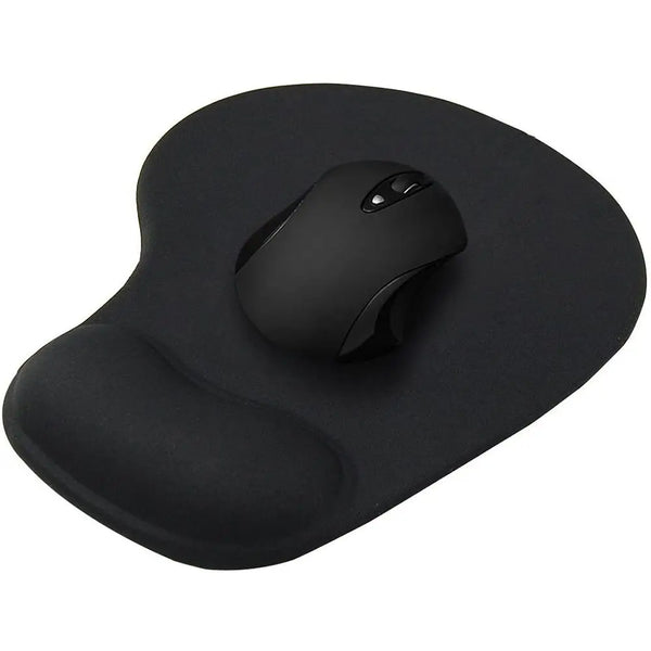 A black ergonomic mouse pad with a sculpted shape and a mouse resting on it.
