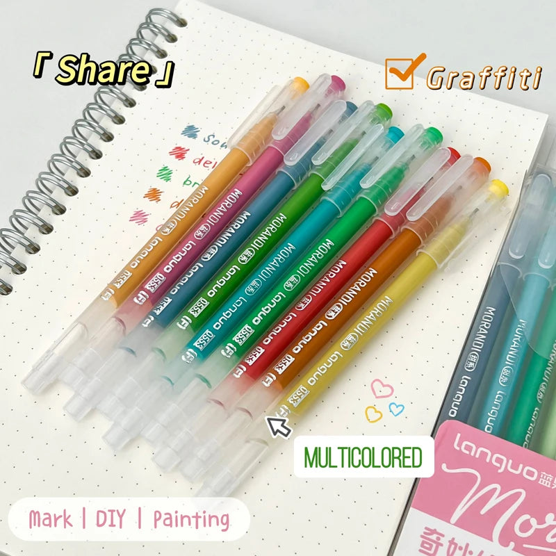A set of nine Morandi retro gel pens in various colors, including orange, pink, green, and red, displayed on a white paper.