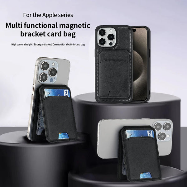 Mehrfunktige magnetische Kartenhülle für Apple-Handys, gezeigt mit verschiedenen iPhone-Modellen.