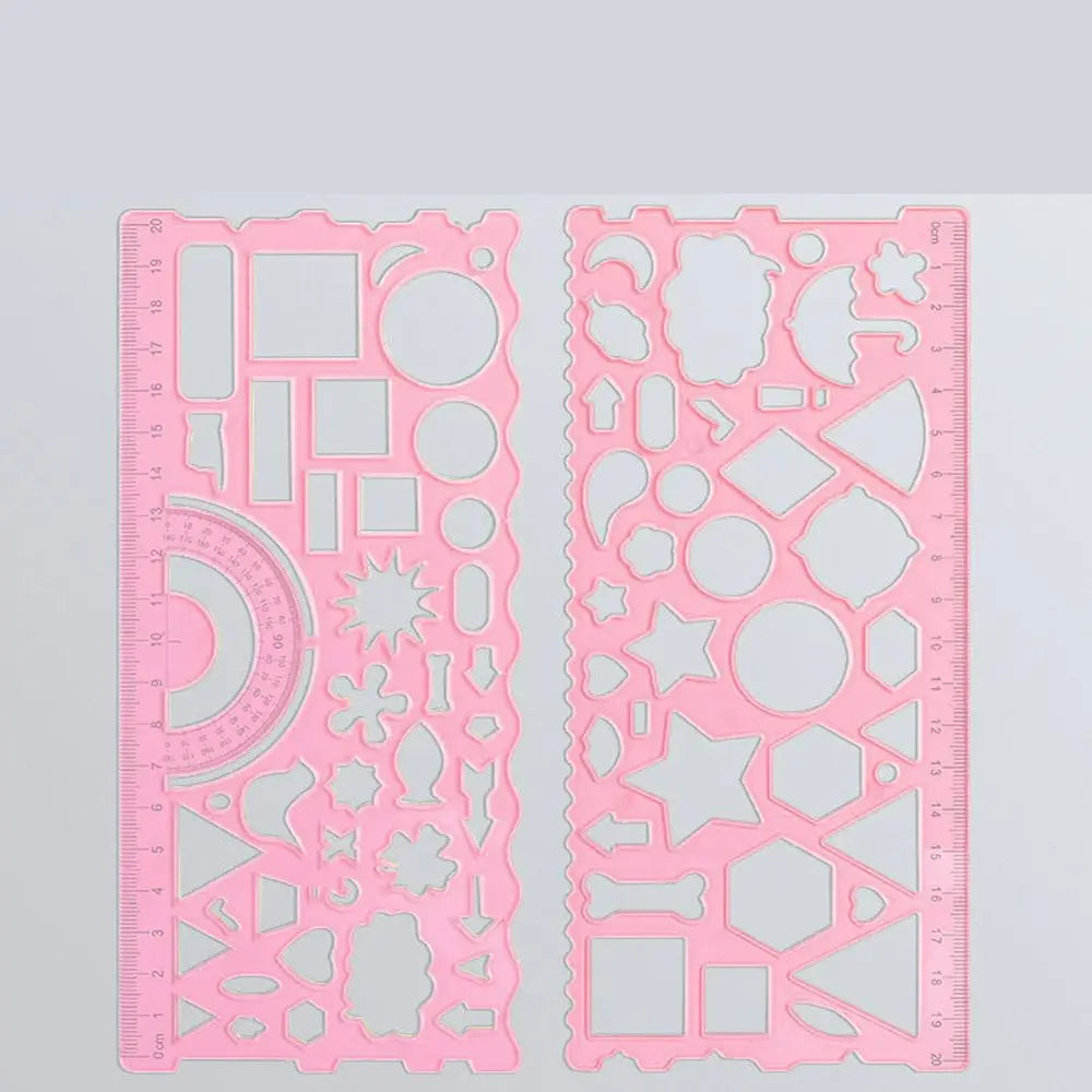 A pink multi-shape geometric drawing template ruler set with various shapes cut out of clear plastic.