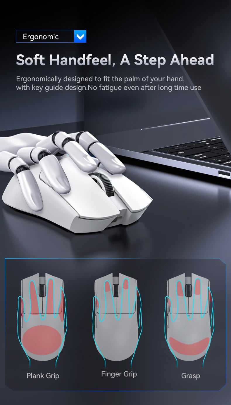White ergonomic gaming mouse shown with three grip styles: Plank, Finger, and Grasp.