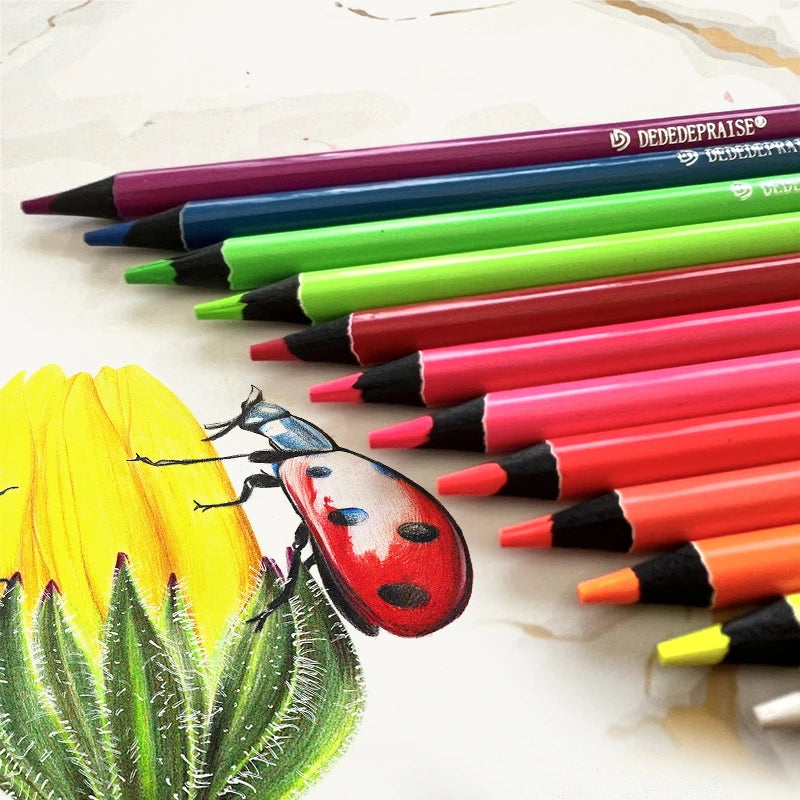 A red ladybug rests on a yellow flower next to a set of metallic fluorescent colored pencils.