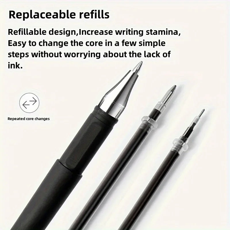 A black precision gel pen is shown with its core removed, demonstrating a refillable design.