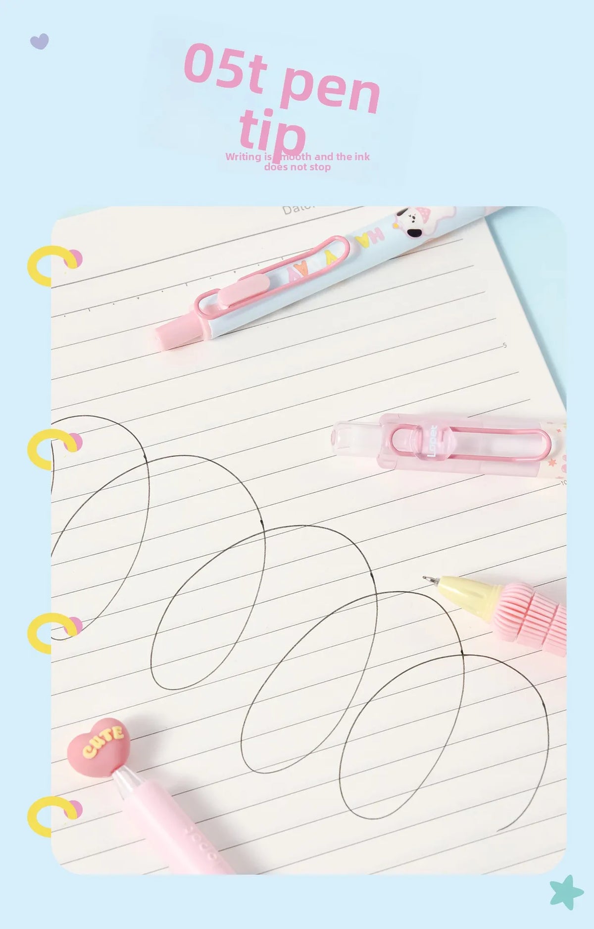 A set of four pink heart-shaped gel pens with animal patterns are shown writing on lined paper.